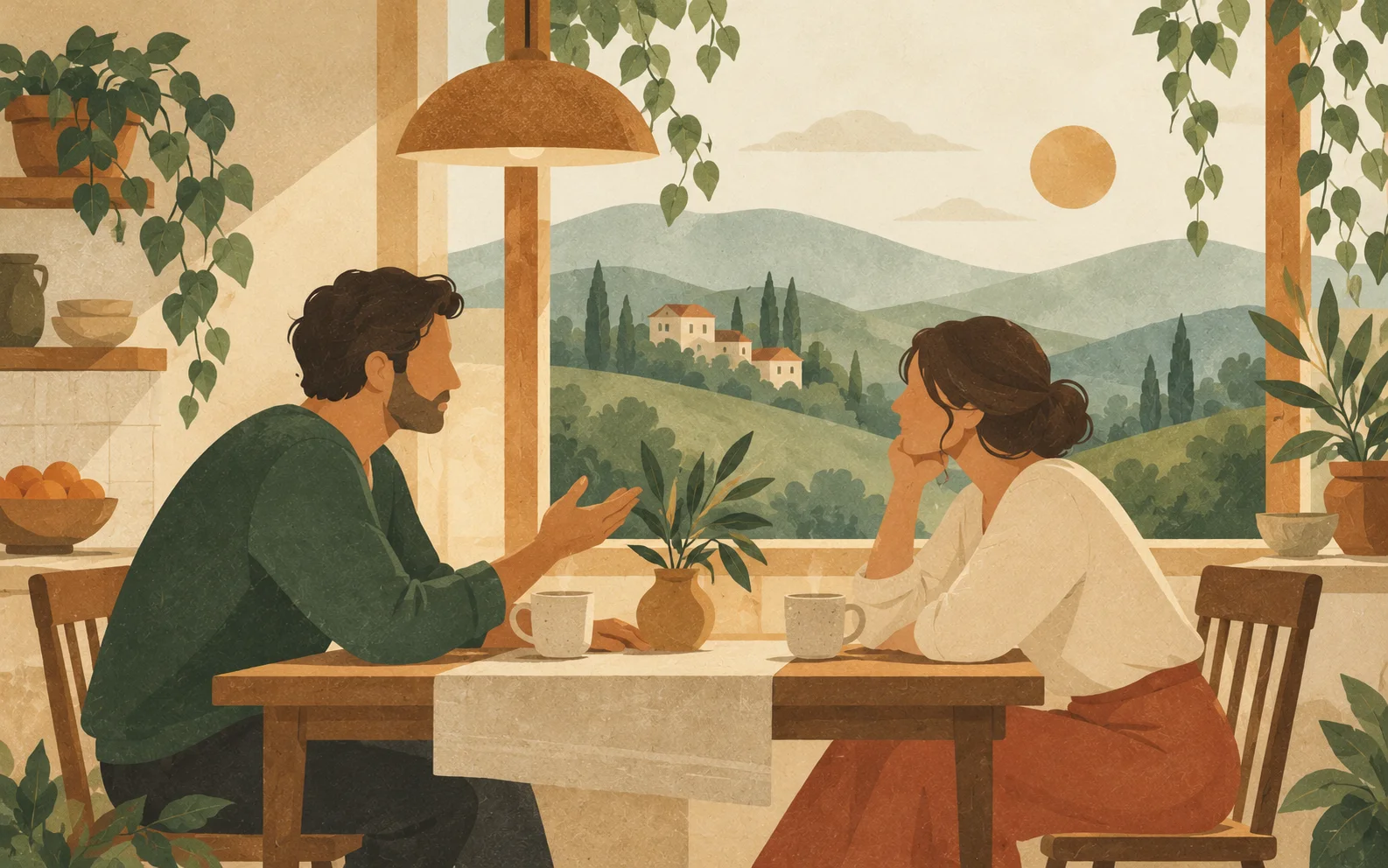 Two people listening to one another over coffee
