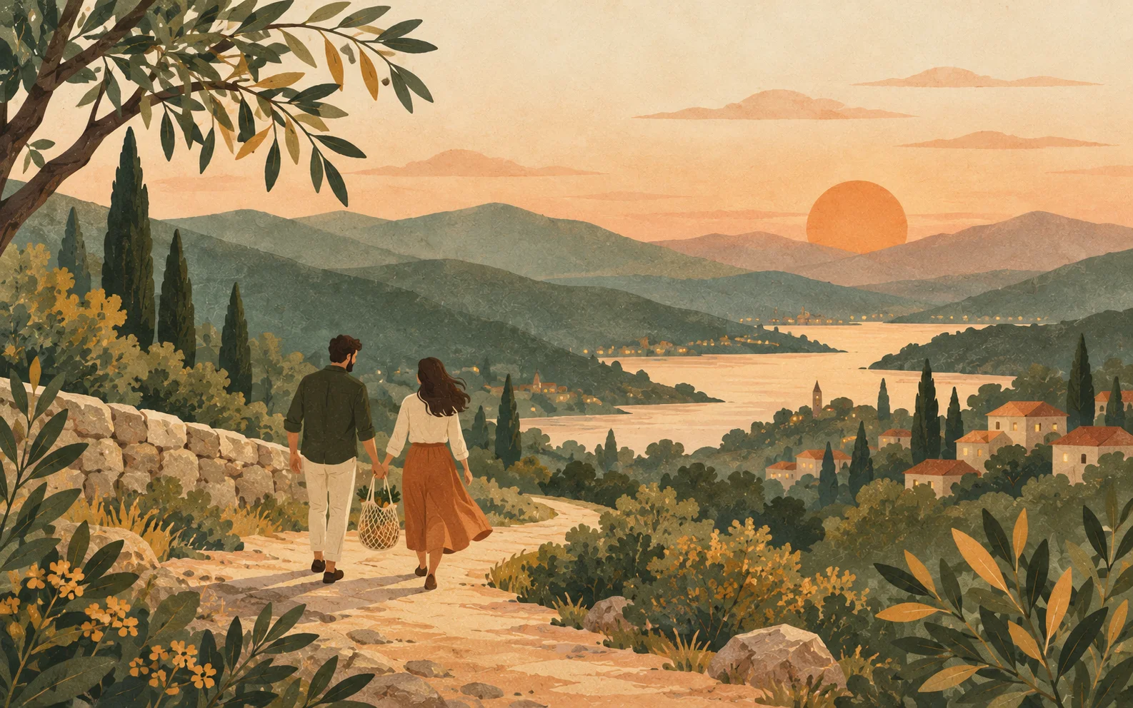 A couple walking home together through a warm hillside landscape