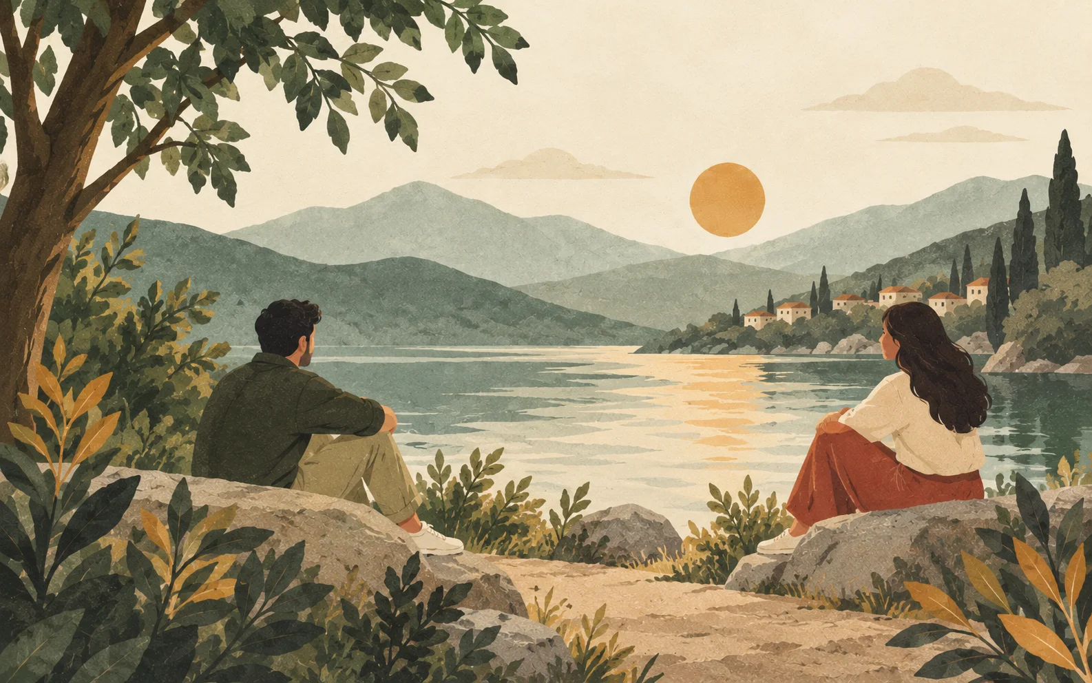 Two people taking a quiet pause beside a mountain lake